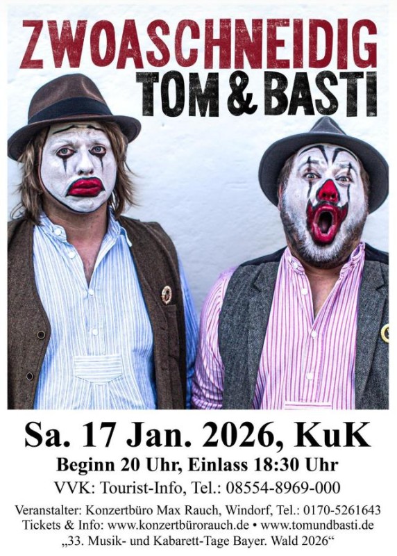 Flyer/Grafik zum Event: Tom und Basti in Schönberg im KUK - Neues Programm "Zwoaschneidig" am Sa., 17.01.2026 von 20:00 bis 22:00 Uhr