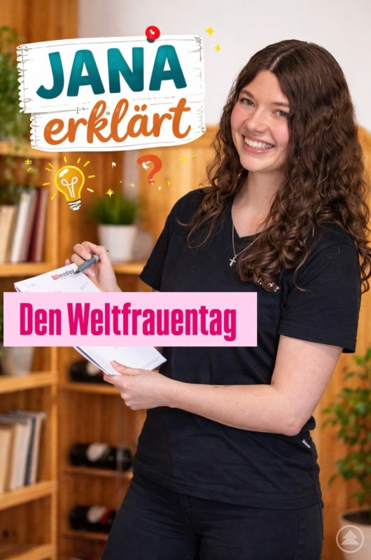 Eine junge Frau mit lockigen braunen Haaren l&auml;chelt in die Kamera und h&auml;lt einen Notizblock sowie einen Stift in der Hand. Neben ihr steht grafisch gestaltet der Schriftzug &bdquo;JANA erkl&auml;rt&ldquo; mit Symbolen wie einer Gl&uuml;hbirne und einem Fragezeichen. Unten im Bild steht auf einem pinken Banner der Text &bdquo;Den Weltfrauentag&ldquo;. Der Hintergrund zeigt ein gem&uuml;tliches B&uuml;ro oder Wohnzimmer mit Holzregalen und Pflanzen.