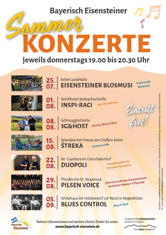 Flyer/Grafik zum Event: Sommerkonzerte in Bayerisch Eisenstein 2024 "Musik kennt keine Grenzen" am Do., 25.07.2024 - Do., 05.09.2024 von 19:00 bis 20:30 Uhr