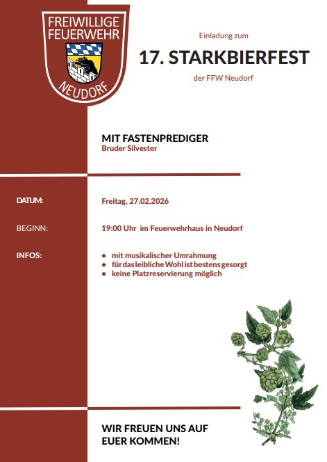 Flyer/Grafik zum Event: 17. Starkbierfest FFW Neudorf 2026 am Fr., 27.02.2026 ab 19:00 Uhr