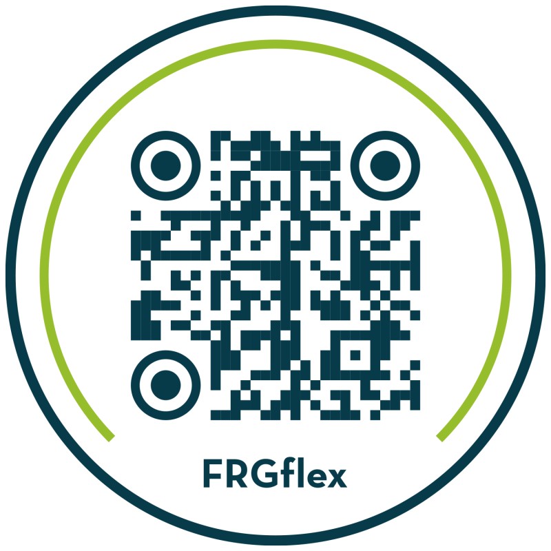 Ein stilisierter QR-Code im Kreisdesign mit der Aufschrift FRGflex.