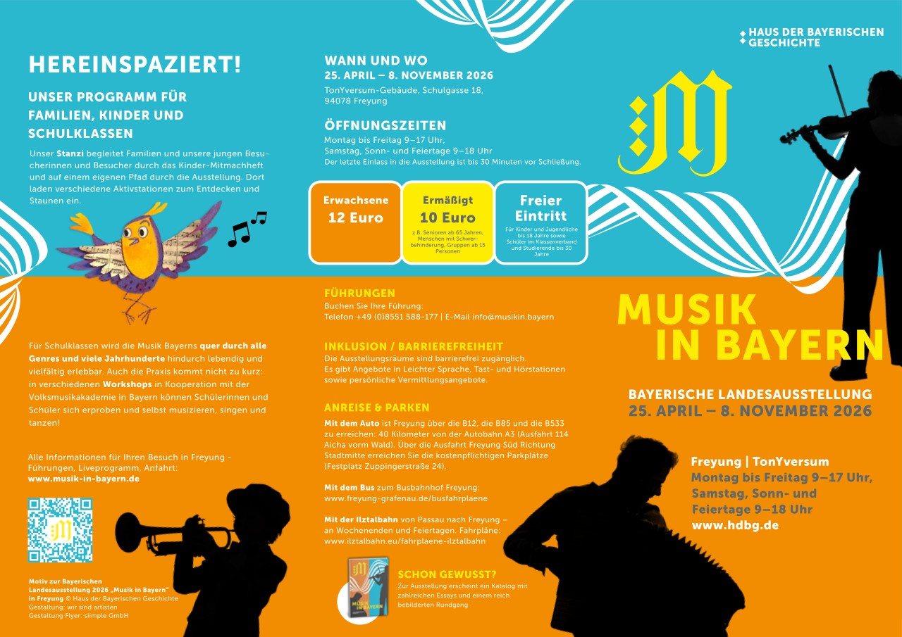 Motiv zur Bayerischen Landesausstellung 2026 Musik in Bayern in Freyung Grafisches Werbemotiv zur Bayerischen Landesausstellung Musik in Bayern mit stilisierten Musikern, Instrumenten und farbigen Designelementen.