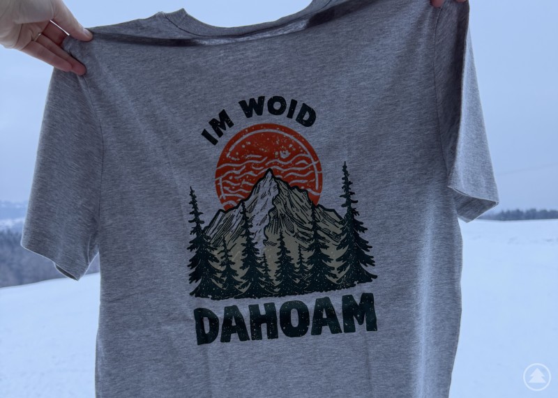 T-Shirt Nice Wave Graues T-Shirt mit Nice Wave Aufdruck wird in die Luft gehalten, im Hintergrund liegt Schnee.