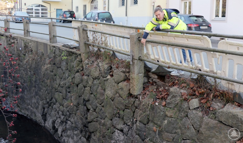 Alan McGee von der Dienststelle Straßen- und Brückenbau zeigt den Bereich, der saniert werden muss. Links unten ist der Beiderwiesbach zu sehen.