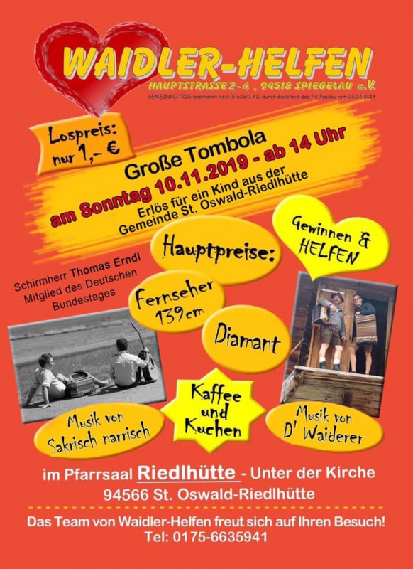 Flyer/Grafik zum Event: Große Tombola | WAIDLER-HELFEN e.V. am So., 10.11.2019 von 14:00 bis 19:00 Uhr