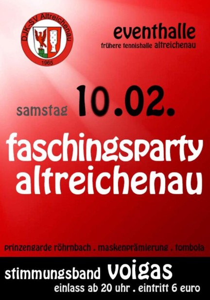 Flyer/Grafik zum Event: Faschingsparty Altreichenau am Sa., 22.02.2025 ab 20:00 Uhr