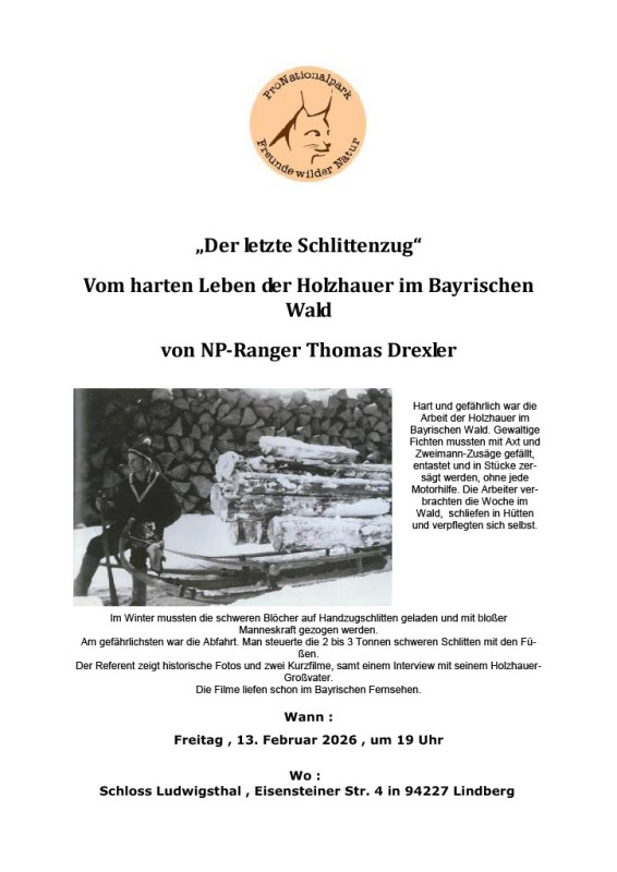 Flyer/Grafik zum Event: Der letzte Schlittenzug - Vom harten Leben der Holzhauer im Bayerischen Wald am Fr., 13.02.2026 ab 19:00 Uhr