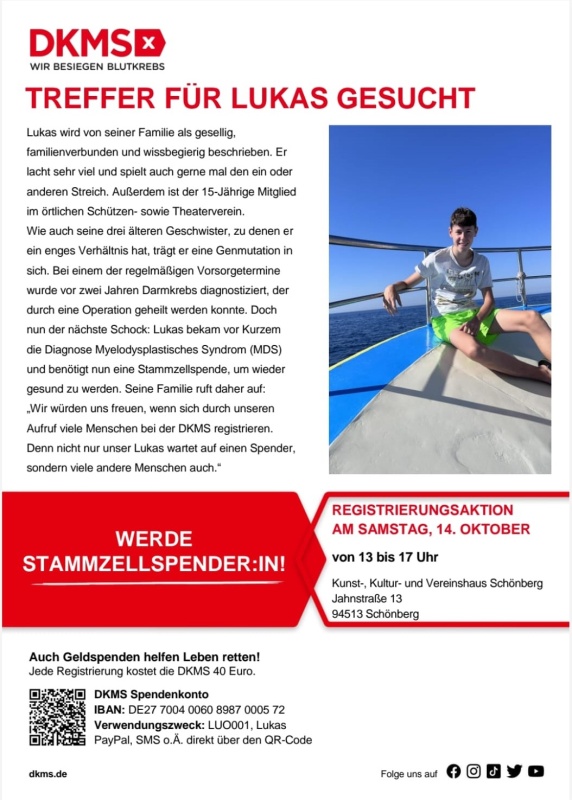 Flyer/Grafik zum Event: Registrierungsaktion für Lukas am Sa., 14.10.2023 von 13:00 bis 17:00 Uhr