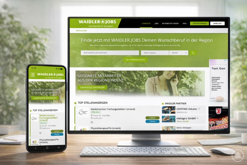 WAIDLER.JOBS ist sowohl am Desktop als auch mobil optimiert – Jobs und Bewerbungen lassen sich bequem auf allen Geräten finden. Darstellung der Website WAIDLER.JOBS auf einem Desktop-Monitor und einem Smartphone. Die Grafik zeigt die Jobplattform sowohl in der Desktopansicht als auch in der mobilen Ansicht mit Stellenanzeigen aus der Region.