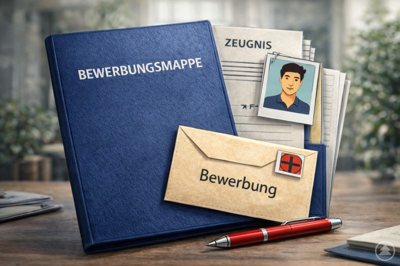 Früher wurden Bewerbungen meist klassisch per Bewerbungsmappe und Post verschickt. Illustration einer klassischen Bewerbungsmappe mit Lebenslauf, Zeugnissen, Bewerbungsfoto und Umschlag – symbolisch für die traditionelle Bewerbung per Post.