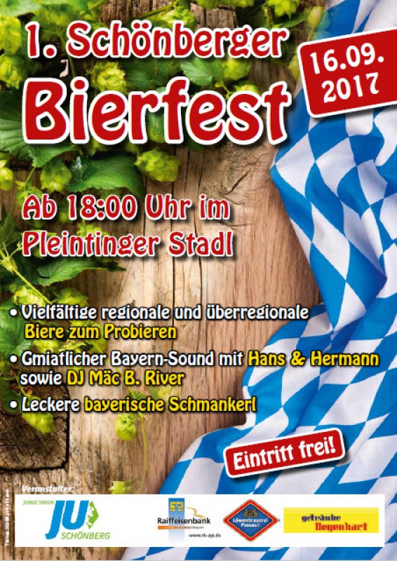 Flyer/Grafik zum Event: 1. Schönberger Bierfest am Sa., 16.09.2017 von 18:00 bis 03:00 Uhr