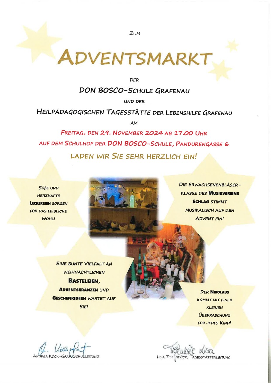 Flyer/Grafik zum Event: Adventsmarkt der DON BOSCO-Schule Grafenau am Fr., 29.11.2024 ab 17:00 Uhr