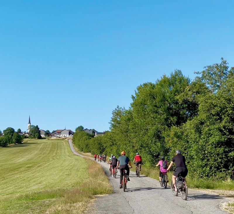 Bei strahlendem Sonnenschein boten sich den Teilnehmenden der Radltour im Rahmen von Stadtradeln wunderschöne Ausblicke. Radfahrerinnen und Radfahrer fahren auf einer Landstraße durch eine sommerliche Landschaft in Richtung eines Dorfes mit Kirchturm.