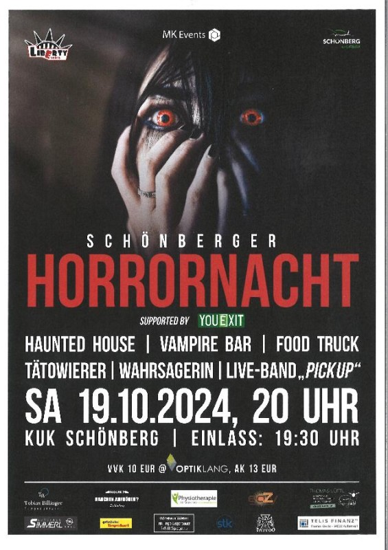 Flyer/Grafik zum Event: Schönberger Horror Nacht 2025 im KUK, Schönberg am Fr., 17.10.2025 - Sa., 18.10.2025