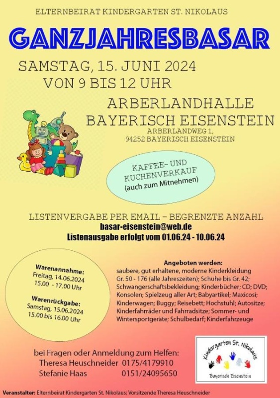 Flyer/Grafik zum Event: Kinder- & Spielzeugbasar am Sa., 15.06.2024 von 09:00 bis 12:00 Uhr