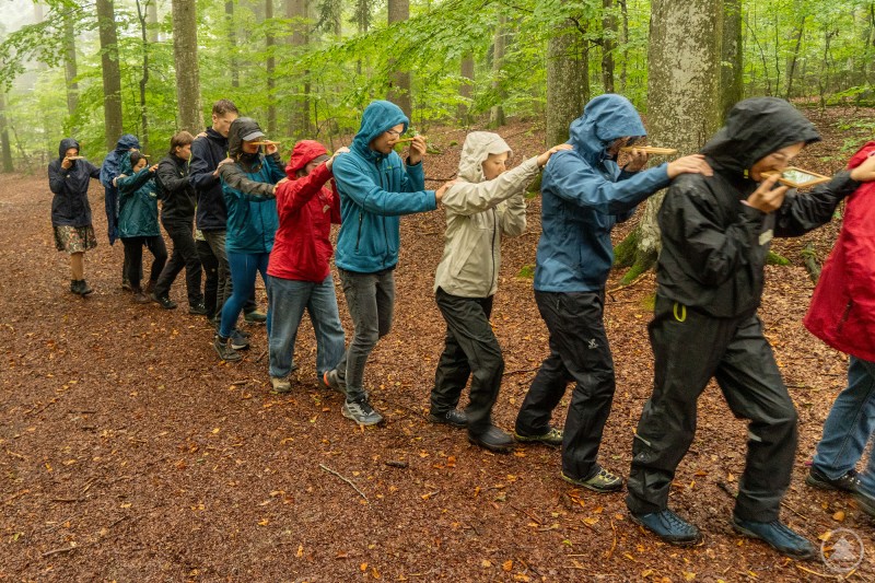 Beim FÖJ-Einführungsseminar gibt es auch ungewöhnliche Einblicke in den Wald. Mehrere Personen gehen im Wald hintereinander, mit verbundenen Augen oder verdecktem Blick, und halten sich an den Schultern fest – eine Übung im Einführungsseminar.