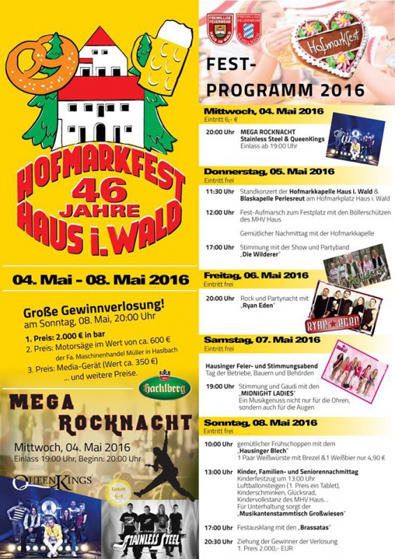 Flyer/Grafik zum Event: 46. Hofmarkfest Haus i. Wald 2016 am Mi., 04.05.2016 - So., 08.05.2016