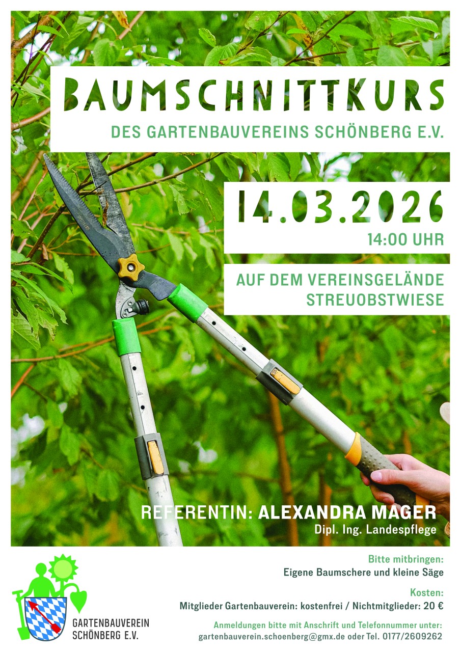 Flyer/Grafik zum Event: Baumschnittkurs des Gartenbauvereins Schönberg am Sa., 14.03.2026 von 14:00 bis 17:00 Uhr