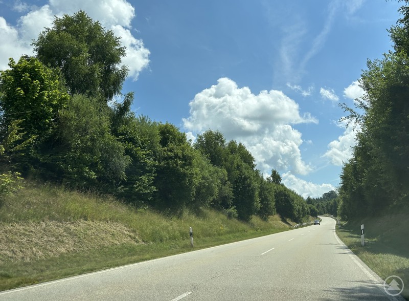 Gut für die Artenvielfalt: Entlang der Kreisstraße FRG 57 bei Jandelsbrunn wechseln sich gemähte und ungemähte Abschnitte, die als Rückzugsorte für Tiere stehengelassen werden, ab. Eine Landstraße mit angrenzenden Grünflächen, an denen sich gemähte und ungemähte Abschnitte abwechseln, gesäumt von Bäumen unter einem wolkigen Sommerhimmel.