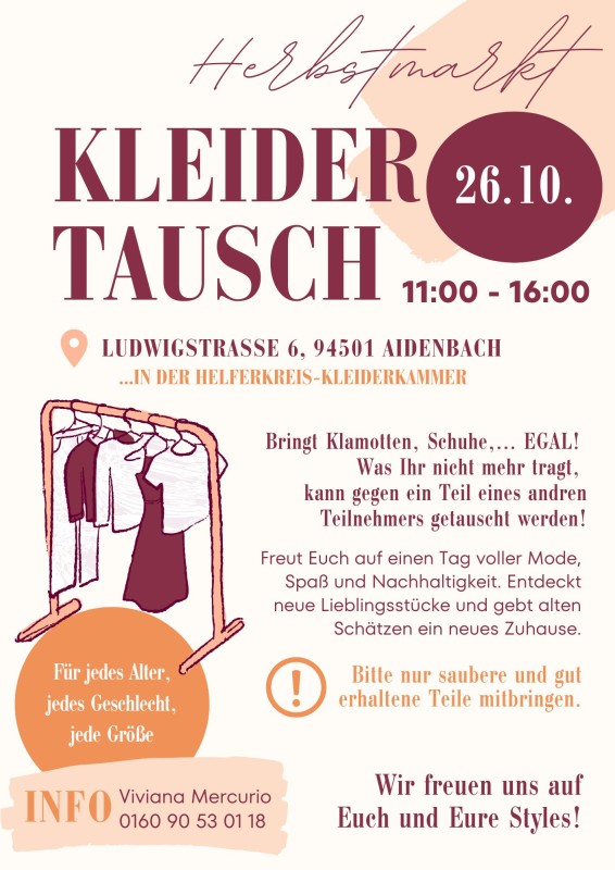 Flyer/Grafik zum Event: Kleidertausch und „Tag der offenen Tür“ in der Kleiderkammer Aidenbach am So., 26.10.2025 ab 11:00 Uhr