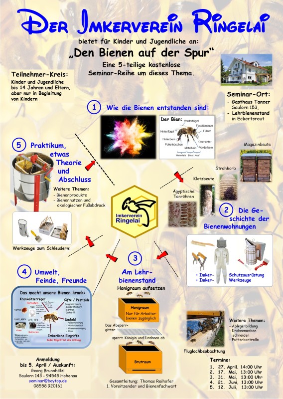 Flyer/Grafik zum Event: Es sind noch Plätze frei zum Bienenseminar für Kinder und Jugendliche "Den Bienen auf der Spur" am So., 27.04.2025 ab 14:00 Uhr