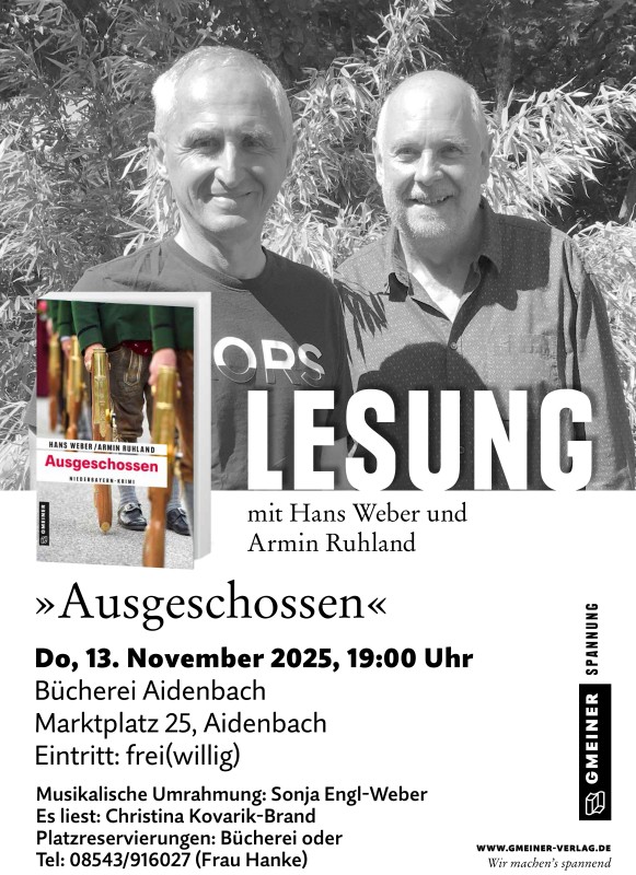 Flyer/Grafik zum Event: Niederbayern-Krimi-Lesung in der Bücherei Aidenbach am Do., 13.11.2025 ab 19:00 Uhr