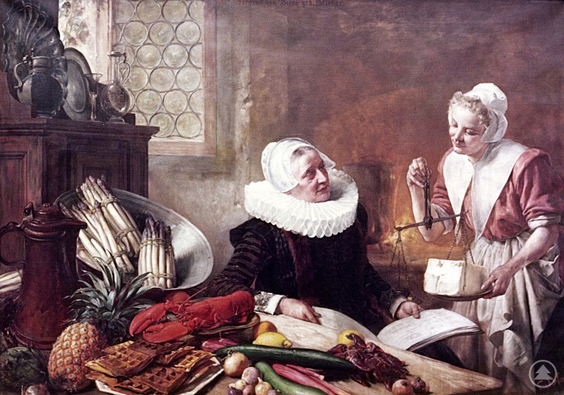 Ferdinand Wagner, „Kücheninterieur“, Schloss Ratibor in Roth bei Nürnberg, um 1900 © Museum Schloss Ratibor | Stadtarchiv Historisches Gemälde von Ferdinand Wagner: Zwei Frauen in einer Küche, umgeben von Gemüse, Geschirr und Kochutensilien, eine sitzt lesend am Tisch, die andere steht daneben mit einem Löffel in der Hand.