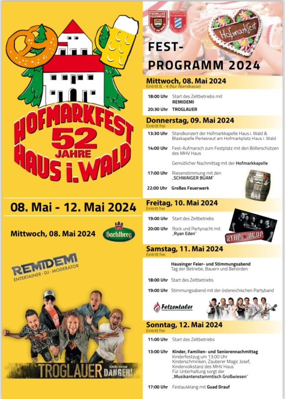 Flyer/Grafik zum Event: 52. Hofmarkfest Haus i. Wald 2024 am Mi., 08.05.2024 - So., 12.05.2024