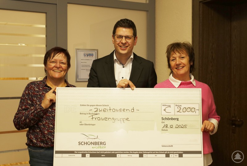 Gertraud Pongratz (rechts) und Beate Fuchs (links) ermöglichten es Bürgermeister Martin Pichler auch 2025 wieder, Bescherungen dort schnell und ohne bürokratische Hürden zu ermöglichen, wo Hilfe dringend benötigt wird. Drei Personen stehen in einem Büro und halten gemeinsam einen großen symbolischen Scheck über 2.000 Euro. In der Mitte steht Bürgermeister Martin Pichler, flankiert von zwei Vertreterinnen der Frauengruppe Schönberg. Alle lächeln in die Kamera.