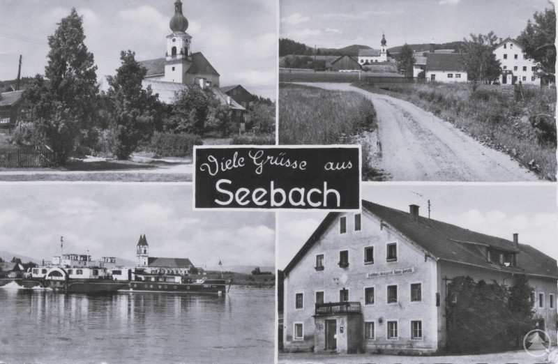 Historische Postkarte „Viele Grüße aus Seebach“ Historische Postkarte mit mehreren Schwarzweiß-Aufnahmen aus Seebach, darunter eine Kirche, eine Straße, ein Gasthof und ein Schiff auf der Donau.
