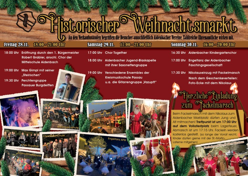 Flyer/Grafik zum Event: Fackelmarsch mit dem Nikolaus zum Historischen Weihnachtsmarkt Aidenbach am So., 30.11.2025 von 17:15 bis 17:45 Uhr