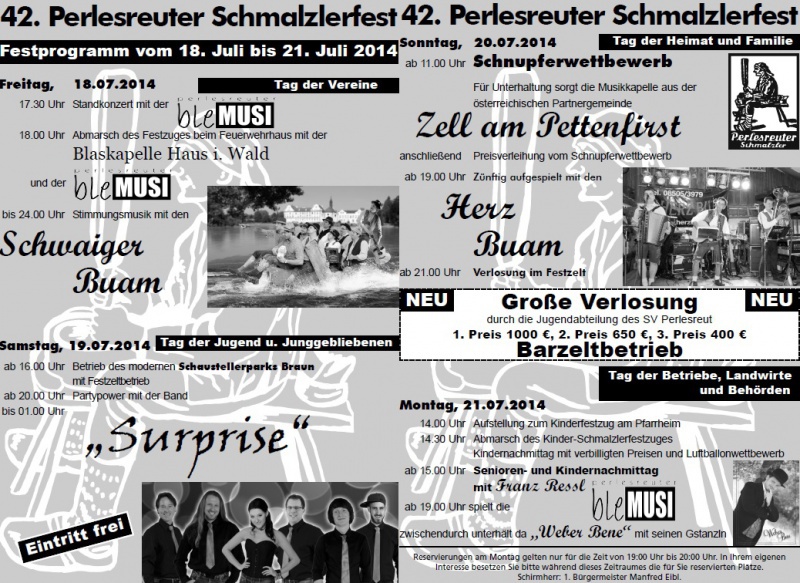 Flyer/Grafik zum Event: Schmalzlerfest Perlesreut 2014 am Fr., 18.07.2014 - Mo., 21.07.2014