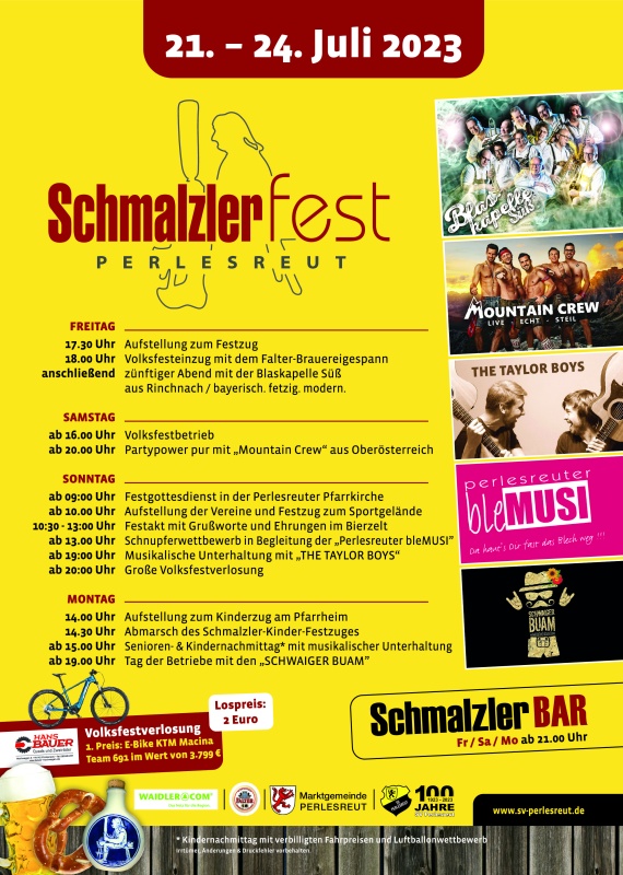 Flyer/Grafik zum Event: Schmalzlerfest Perlesreut am Fr., 21.07.2023 - Mo., 24.07.2023