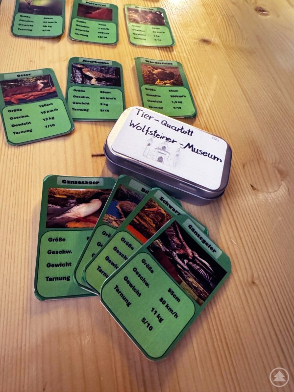 Einen äußerst gelungenen Prototypen des Museumsquartetts präsentierten die vier Schüler am Ende ihrer Projekttage. Auf einem Holztisch liegen Spielkarten mit Tiermotiven sowie eine gestaltete Metallbox mit der Aufschrift Tier Quartett Wolfsteiner Museum.
