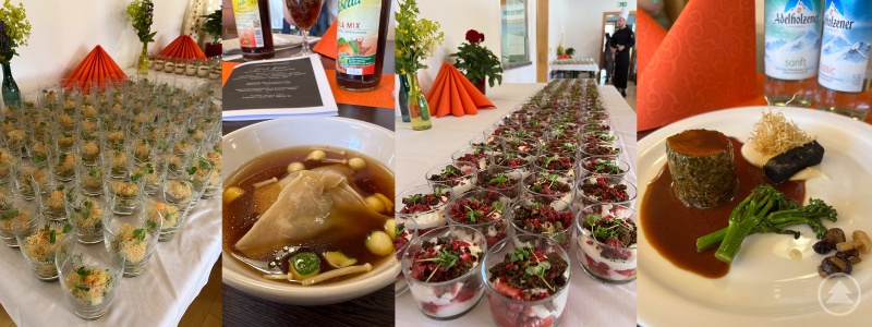 Das Ergebnis des Kochworkshops, vom Salat Caprese mit Räucherlachs und Basilikum, über den Sommerlichem Spargelsalat mit Krustentiercroustillants und Grapfruit den Wildpflanzerl mit Kartoffelsalat und Senf, bis hin zum Heimischen Reh „Comsommé & Wan-Tan“ mit wiebelconfit, Gemüseperlen und Enoki. Als Hauptgang wurde ein Bayerisches Schweinefile „im Kräutermantel pochiert“ mit Selleriestrukturen, wilder Broccoli und Heujus serviert. Zum Abschluss gab es als Dessert Tiramisu „mal etwas anders“ mit Erdbeere, Ivoire 35% und Matcha Tee.