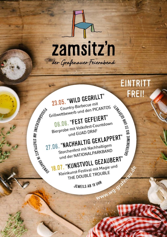 Flyer/Grafik zum Event: ZAMSITZN - der Grafenauer Feierabend am Do., 23.05.2024 - Do., 18.07.2024