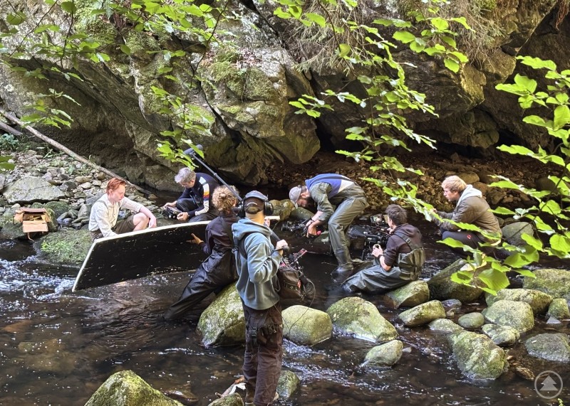 Dreharbeiten in der wildromantischen Buchberger Leite – Einsatz für das Filmteam rund um Schauspieler Xavi Wimbauer. Mehrere Personen arbeiten konzentriert in einem Bach zwischen Felsen und Bäumen, während ein Schauspieler im Wasser sitzt.
