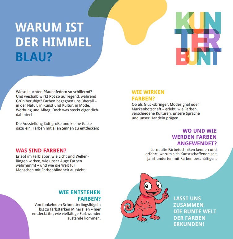 Eine farbenfrohe Flyer-Innenseite mit geschwungenen Flächen in Blau, Gelb, Grün und Lila. Links steht groß die Frage Warum ist der Himmel blau? Es folgen mehrere kurze Infotexte über Farben, ihre Wirkung, Entstehung und Bedeutung. Rechts oben steht das bunte Logo Kunterbunt. Unten rechts ist ein gezeichnetes rotes Chamäleon abgebildet, das lächelnd den Daumen hebt. Die Gestaltung ist spielerisch und kindgerecht.