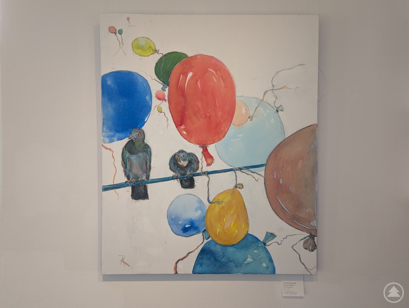 Arcyl-Tusche-Mix-Gemälde von Richard Artmann mit Tauben und bunten Luftballons