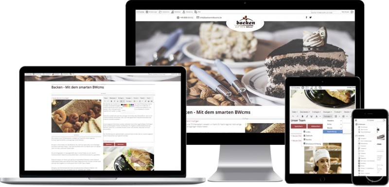 Beispielansicht: Inhalte können mit BWcms direkt auf PC, Tablet oder Smartphone angepasst werden. Auf Laptop, Tablet, Smartphone und Desktop ist die Website „Backen – Mit dem smarten BWcms“ in unterschiedlichen Ansichten dargestellt.