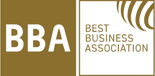 Das Logo der Best Business Association (BBA) zeigt die Buchstaben „BBA“ in Weiß auf goldenem Hintergrund. Rechts daneben steht in Großbuchstaben „Best Business Association“ mit stilisiertem Kurvensymbol im oberen Eck.
