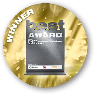 Best Award Winner Badge. Ein runder Badge mit goldenem Hintergrund zeigt eine silberne Award-Trophäe mit der Aufschrift „best AWARD 2025“. Am Rand steht schräg das Wort „WINNER“.