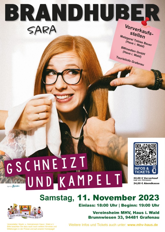 Flyer/Grafik zum Event: Sara Brandhuber: "Gschneizt und Kampelt" am Sa., 11.11.2023 ab 19:00 Uhr