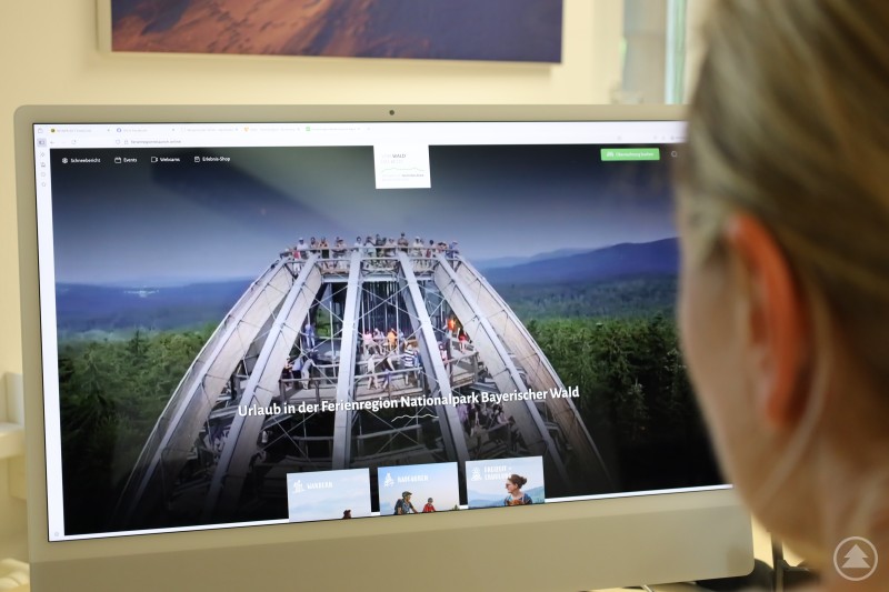 Startseite des neuen Destinationsportals der Ferienregion Nationalpark Bayerischer Wald. Eine Frau blickt auf einen Computerbildschirm, auf dem die neue Website der Ferienregion mit einem Foto des Baumwipfelpfades angezeigt wird.