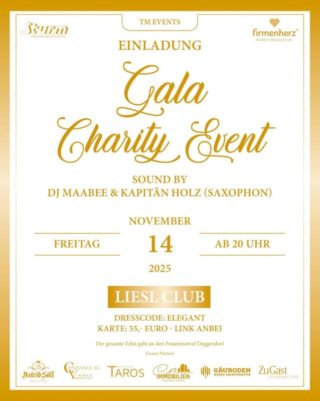 Flyer/Grafik zum Event: Gala Charity Event 2025 – Liesl Club Deggendorf am Fr., 14.11.2025 ab 19:00 Uhr