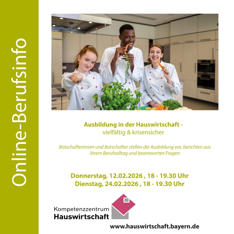 Flyer/Grafik zum Event: Online-Berufsinfo Ausbildung in der Hauswirtschaft 2026 am Do., 12.02.2026 ab 18:00 Uhr