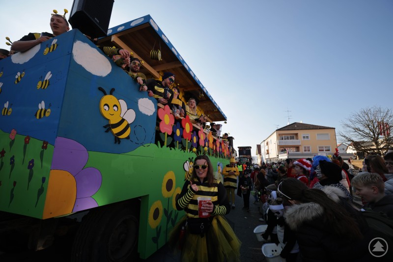Bunte Mottowägen und viele Zuschauer machen den Faschingszug in Aidenbach zum Treffpunkt für die ganze Familie. Ein bunt bemalter Mottowagen fährt durch eine Straße, daneben stehen viele Zuschauer in Kostümen und schauen dem Faschingstreiben zu.