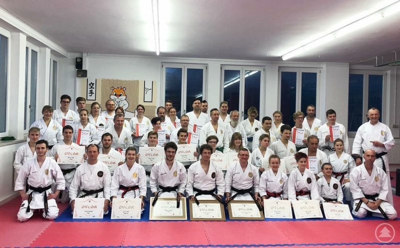 Die Junioren und Erwachsenen nach der Prüfung, unter anderen die Prüflinge zum Schwarzgurt und zum Jugendschwarzgurt. Zwischen den beiden Prüfern Simon Eisenhofer (links, kniend) und Martin Lang (rechts, kniend) knien die Schwarzgurt- und Jugendschwarzgurt-Absolventen, Julia Kaser (dritte von links), anschließend Johannes Weiß, Heribert Harant, Clemens Kammermeier sen., Patricia Michal und Emily Feucht.