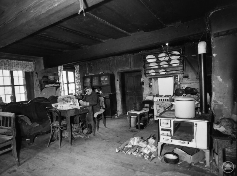 Ludwig Kainz in der Stube Innenaufnahme einer alten Bauernstube mit Holzofen, Tisch, Stühlen und einem Hund auf dem Boden.