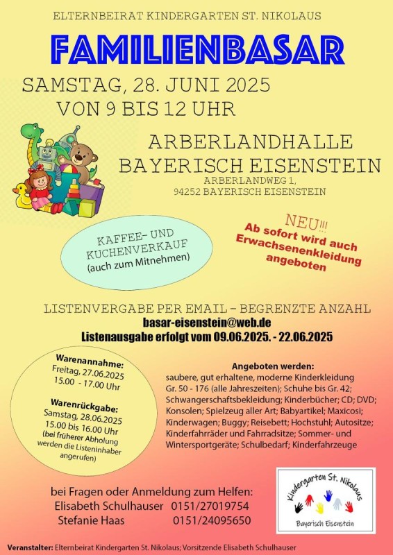 Flyer/Grafik zum Event: Kinder- & Spielzeugbasar am Sa., 28.06.2025 von 09:00 bis 12:00 Uhr